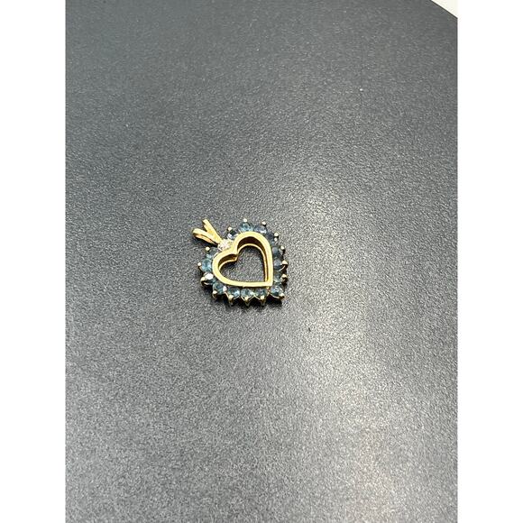 10K Yellow Gold 2g Blue Spinel Diamond Accent Signed Vintage Heart Pendant - Picture 7 of 13